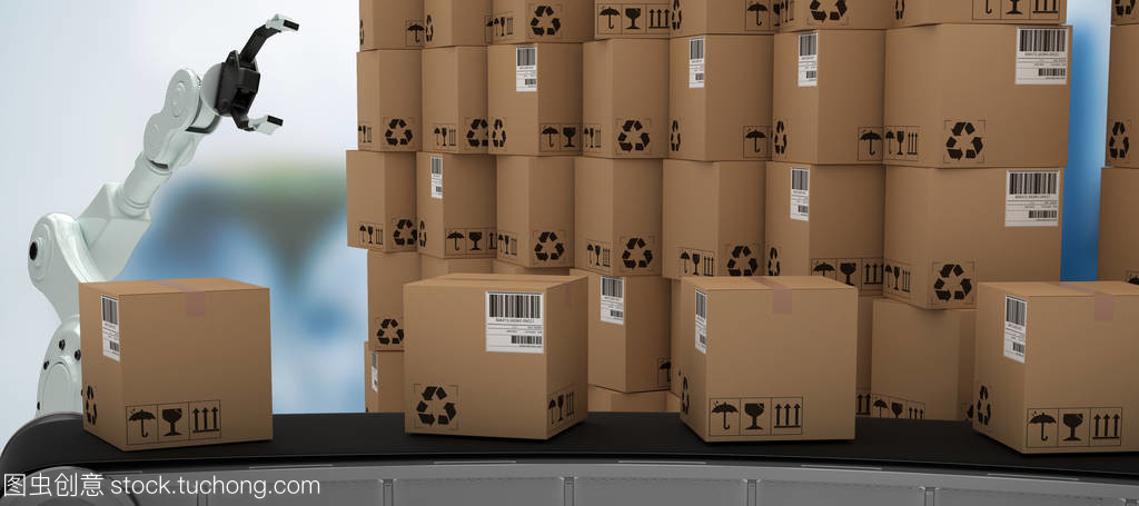 復(fù)合圖像中的立體生產(chǎn)線 以堆疊棕色紙板盒構(gòu)成的紙板復(fù)合生產(chǎn)線為例